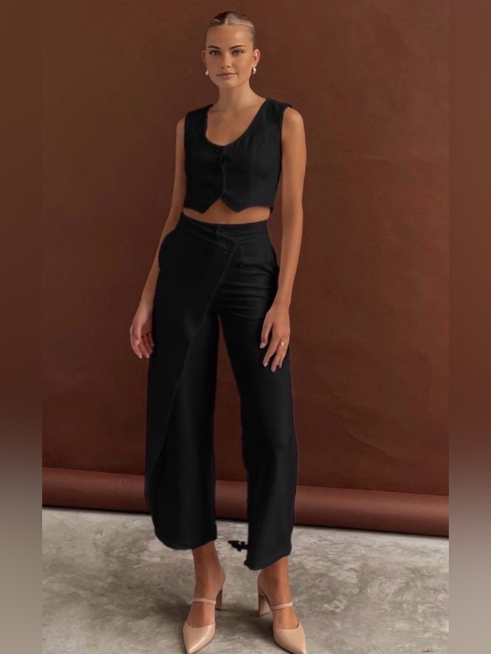 COMMENSE Solid Asymmetrical Straight Leg Pants Set NWT